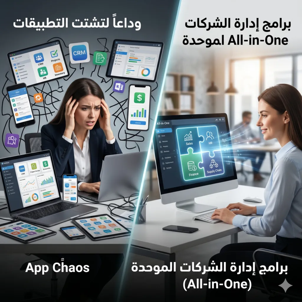 وداعاً لتشتت التطبيقات: دليلك الشامل لبرامج إدارة الشركات الموحدة (All-in-One)